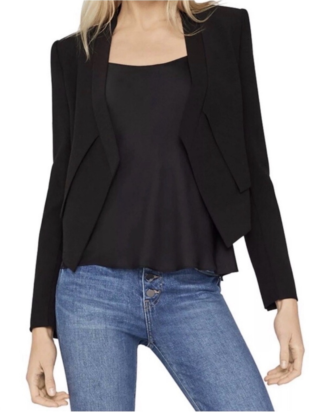 BCBG Max Azria black cropped Lloyd open front blazer Women’s sz L
